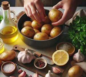 Una persona cociendo patatas junto a un bote de aceite, ajos, limón y perejil